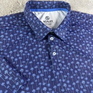 Scales Gear Golf Polo Shirt Men's XL Palm Tree Print Performance Stretch Blue